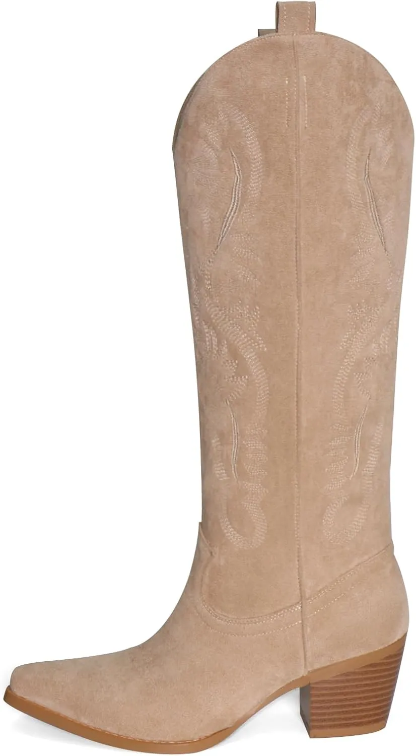 UBWDU Suede Cowboy Knee High Boots Women Pointed Toe Chunky Heel Embroidered Western Cowgirl Boots