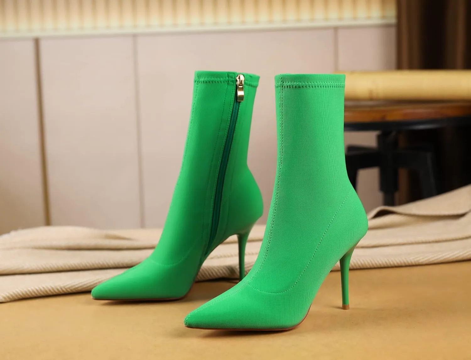 vivianly Stretch Pointed Toe Sock Booties Mid-Calf Ankle Boot Stiletto Heel Boots for Women