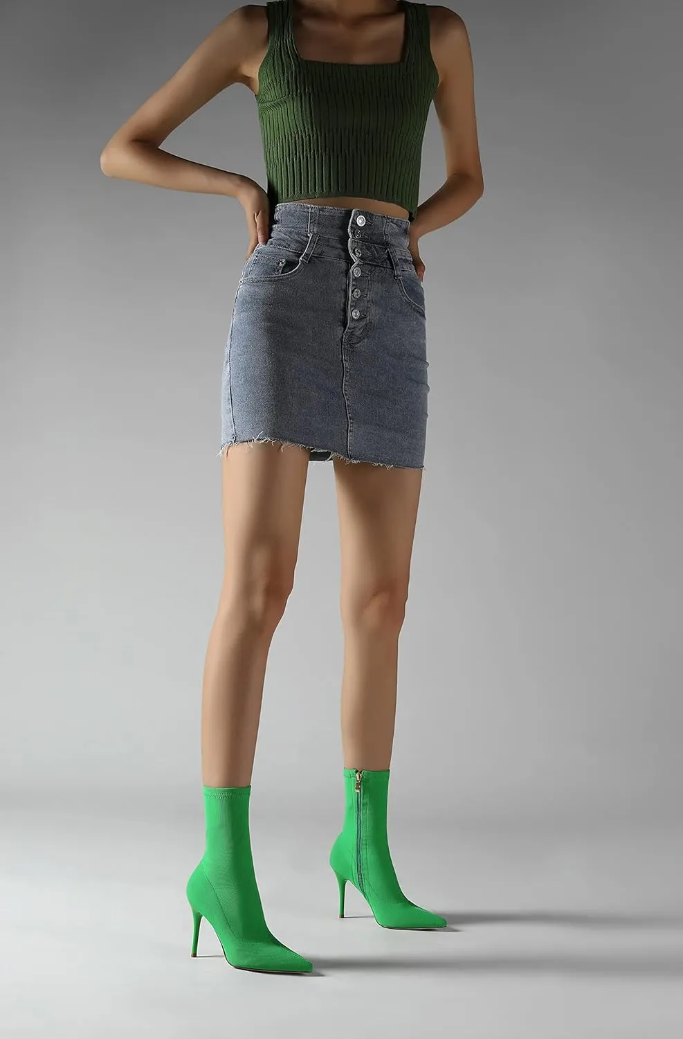 vivianly Stretch Pointed Toe Sock Booties Mid-Calf Ankle Boot Stiletto Heel Boots for Women