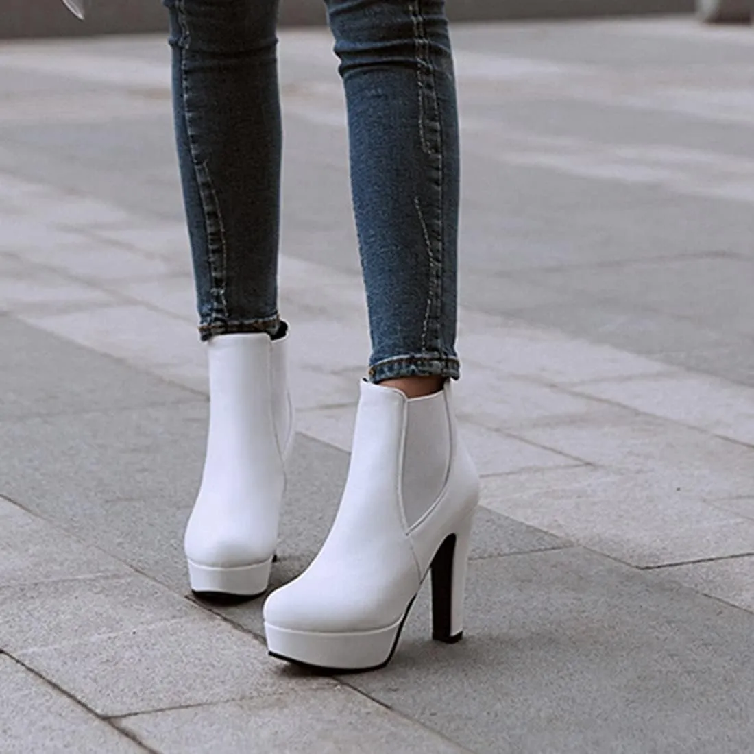 VOKLIN Women's Chunky Block High Heel Ankle Boots Round Toe Zipper Elastic Side Panel Dressy Short Booties