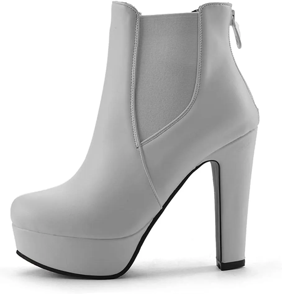 VOKLIN Women's Chunky Block High Heel Ankle Boots Round Toe Zipper Elastic Side Panel Dressy Short Booties