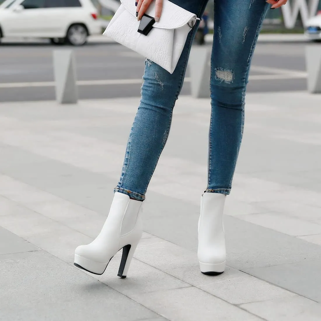 VOKLIN Women's Chunky Block High Heel Ankle Boots Round Toe Zipper Elastic Side Panel Dressy Short Booties