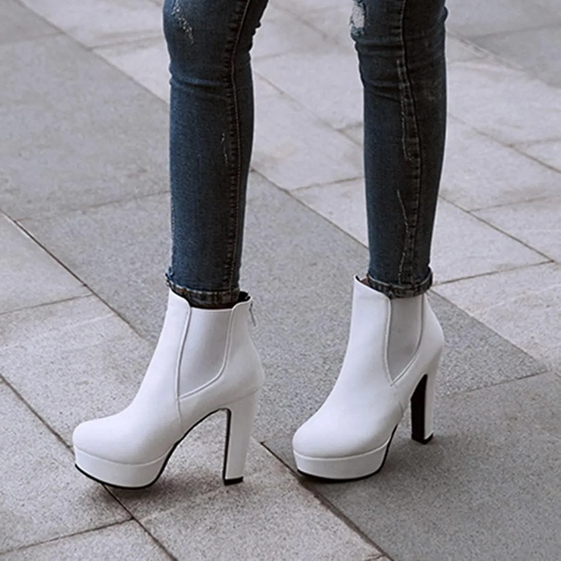 VOKLIN Women's Chunky Block High Heel Ankle Boots Round Toe Zipper Elastic Side Panel Dressy Short Booties