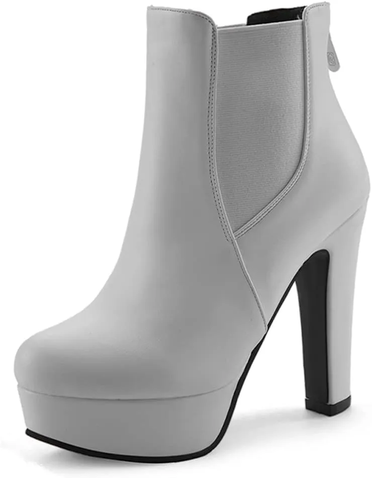 VOKLIN Women's Chunky Block High Heel Ankle Boots Round Toe Zipper Elastic Side Panel Dressy Short Booties