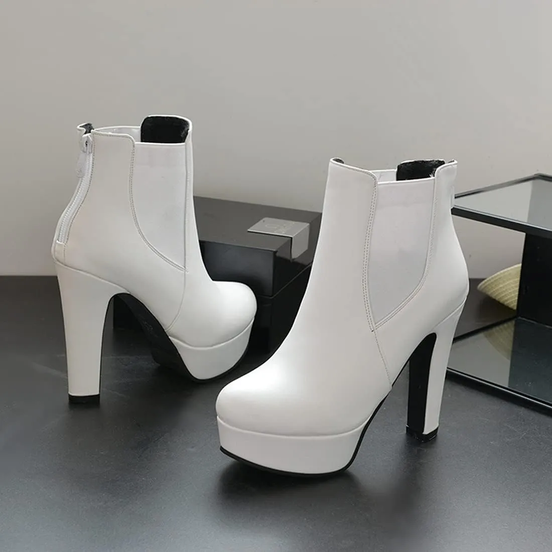 VOKLIN Women's Chunky Block High Heel Ankle Boots Round Toe Zipper Elastic Side Panel Dressy Short Booties