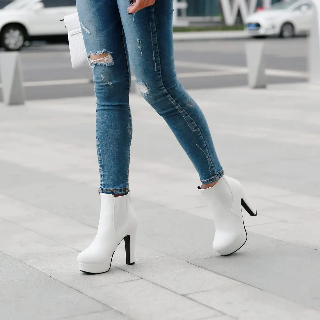 VOKLIN Women's Chunky Block High Heel Ankle Boots Round Toe Zipper Elastic Side Panel Dressy Short Booties