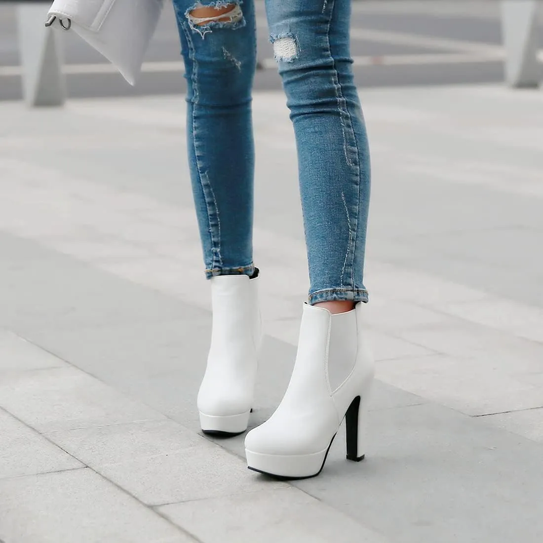 VOKLIN Women's Chunky Block High Heel Ankle Boots Round Toe Zipper Elastic Side Panel Dressy Short Booties