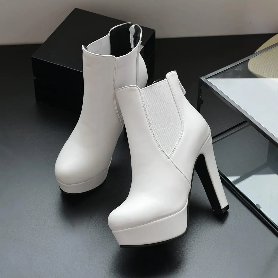 VOKLIN Women's Chunky Block High Heel Ankle Boots Round Toe Zipper Elastic Side Panel Dressy Short Booties