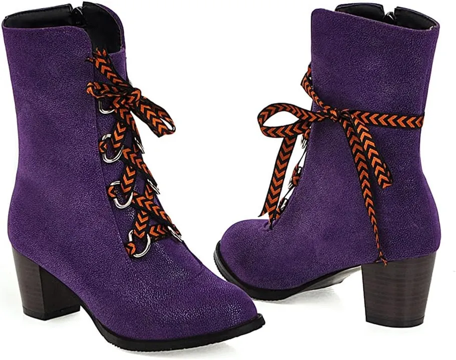 VOKLIN Women's Round Toe Denim Dressy Ankle Boots Lace Up Zipper Chunky Block Mid Heel Western Short Booties