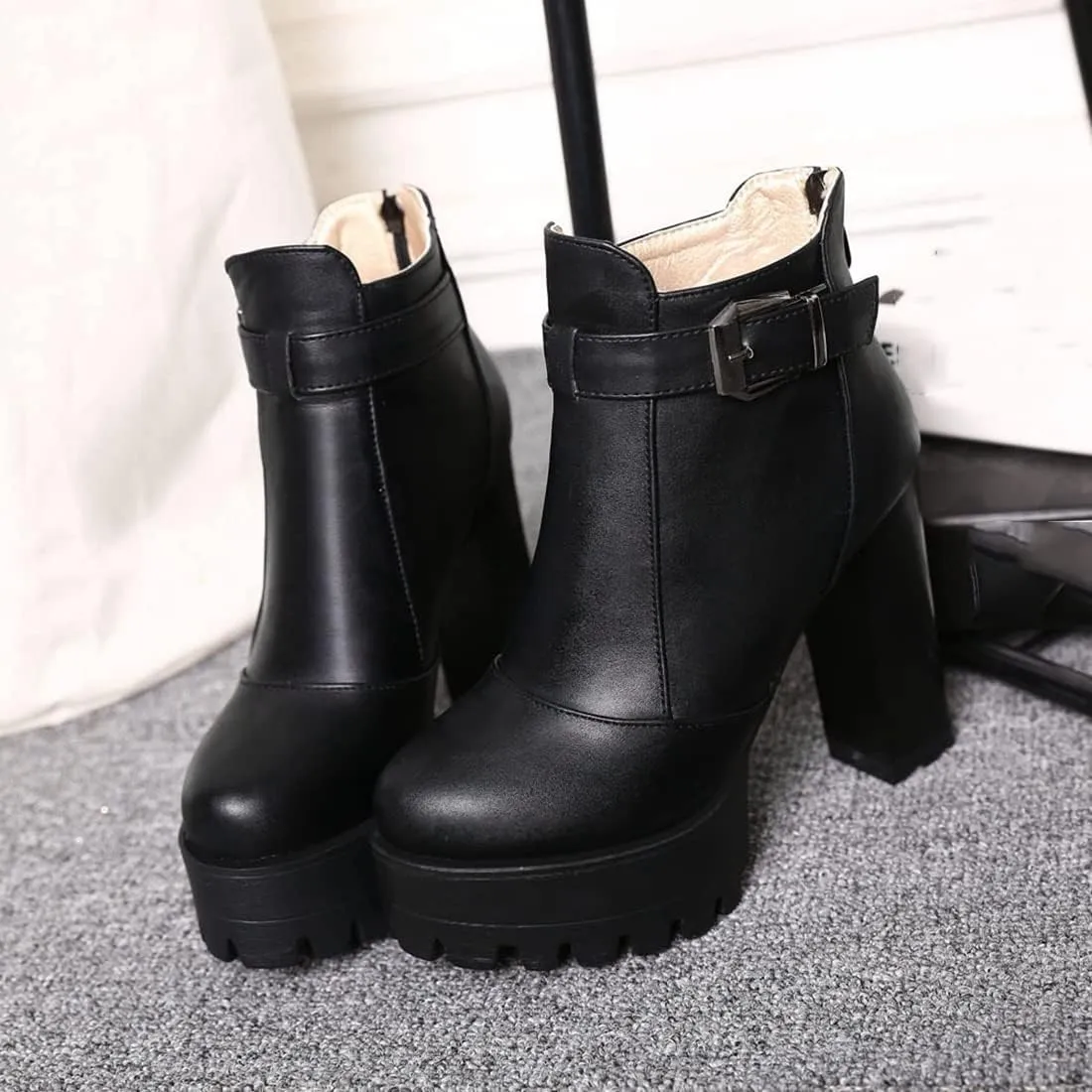 VOKLIN Women's Round Toe Platform Dressy Ankle Boots Buckle Zipper Chunky Block High Heel Dress Short Booties