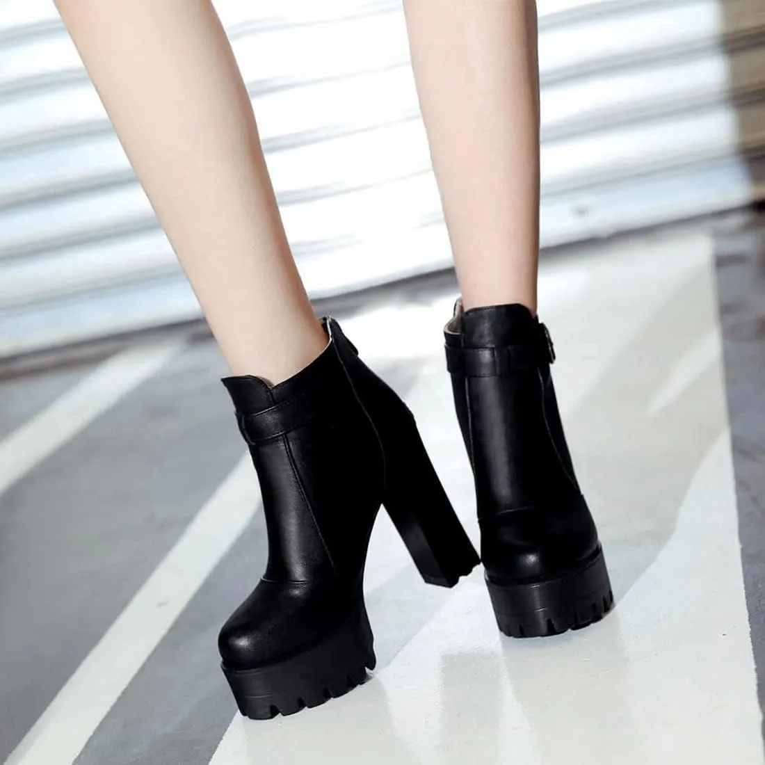 VOKLIN Women's Round Toe Platform Dressy Ankle Boots Buckle Zipper Chunky Block High Heel Dress Short Booties