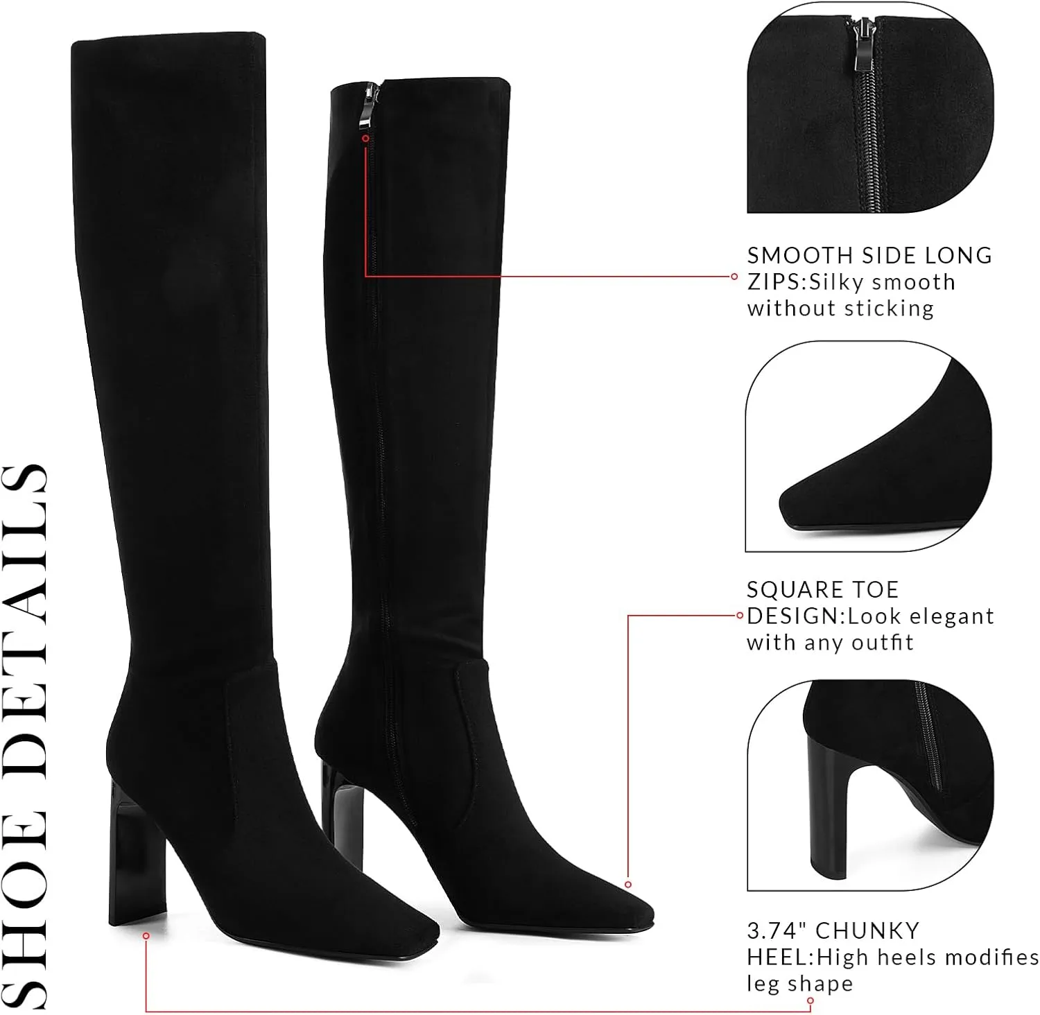 VOMIRA Knee High Boots Women Chunky Heel Square Toe Black Boots for Women High Heel Side Zipper Dress Long Boots Stretch Leather Tall Boots