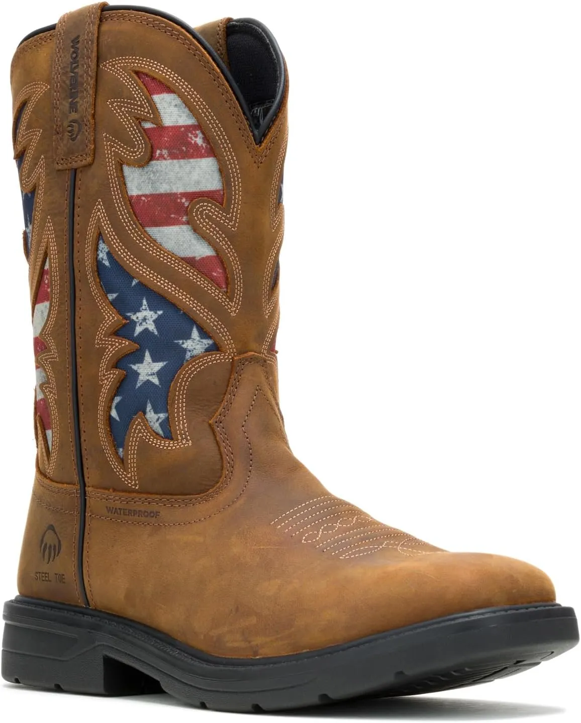 Wolverine Men's Rancher Flag Steel Toe Wellington Construction Boot, Brown/RWB, 12