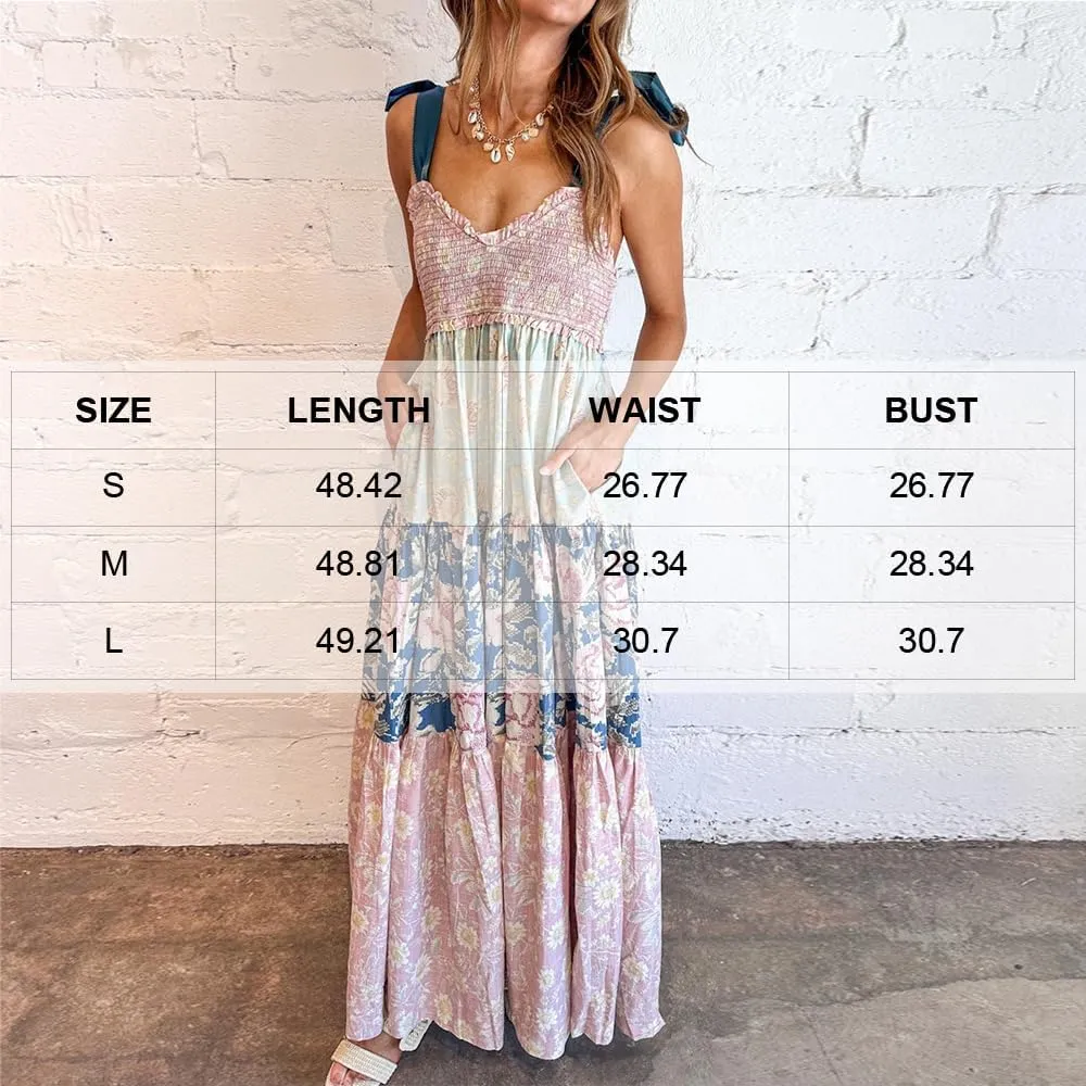Women Floral Boho Sundress Tie Shoulder Smocked Patchwork Flowy Maxi Dresses with Pockets Summer Fall