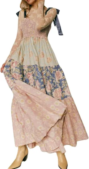 Women Floral Boho Sundress Tie Shoulder Smocked Patchwork Flowy Maxi Dresses with Pockets Summer Fall