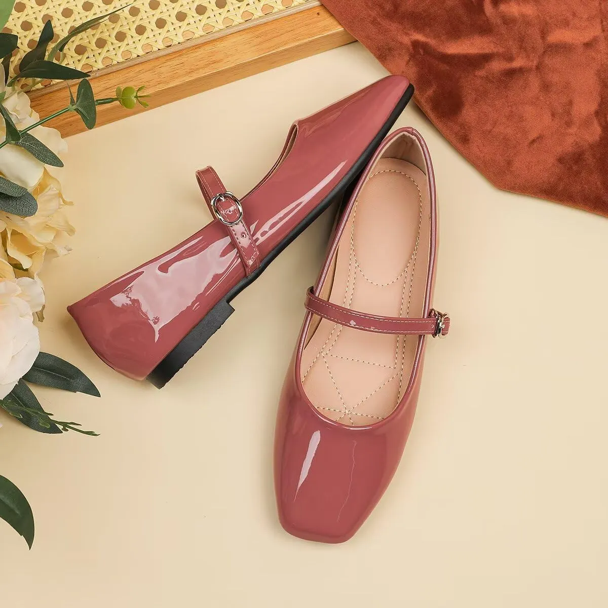 Women Mary Jane Candy Color Flats Adjustable Ankle Strap Comfortable Square Toe Pu Leather Ballet Dance Shoes Low Heel Office Party Dress Shoes