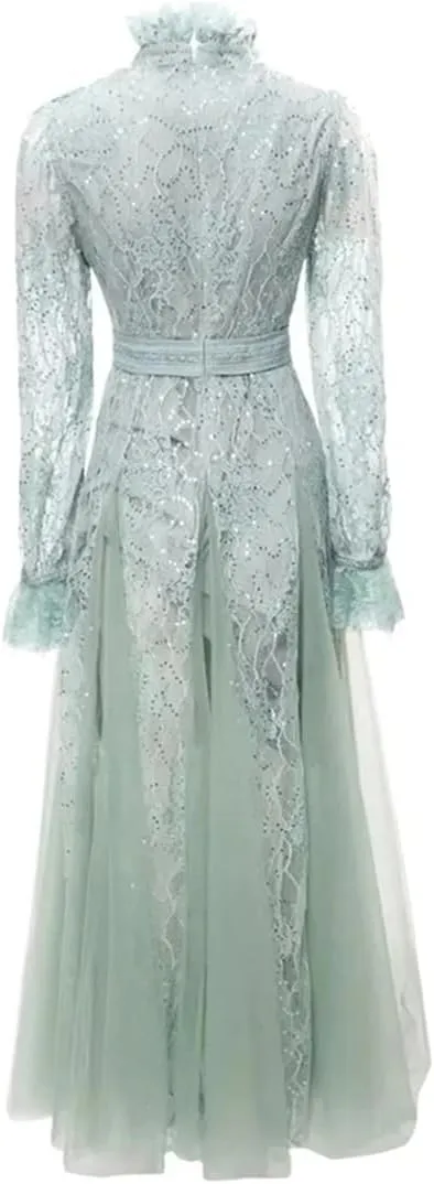 Women Sequins Tulle Dress Summer Boho Dress Bow Tie Mesh Midi Lantern Long Sleeve Dresses