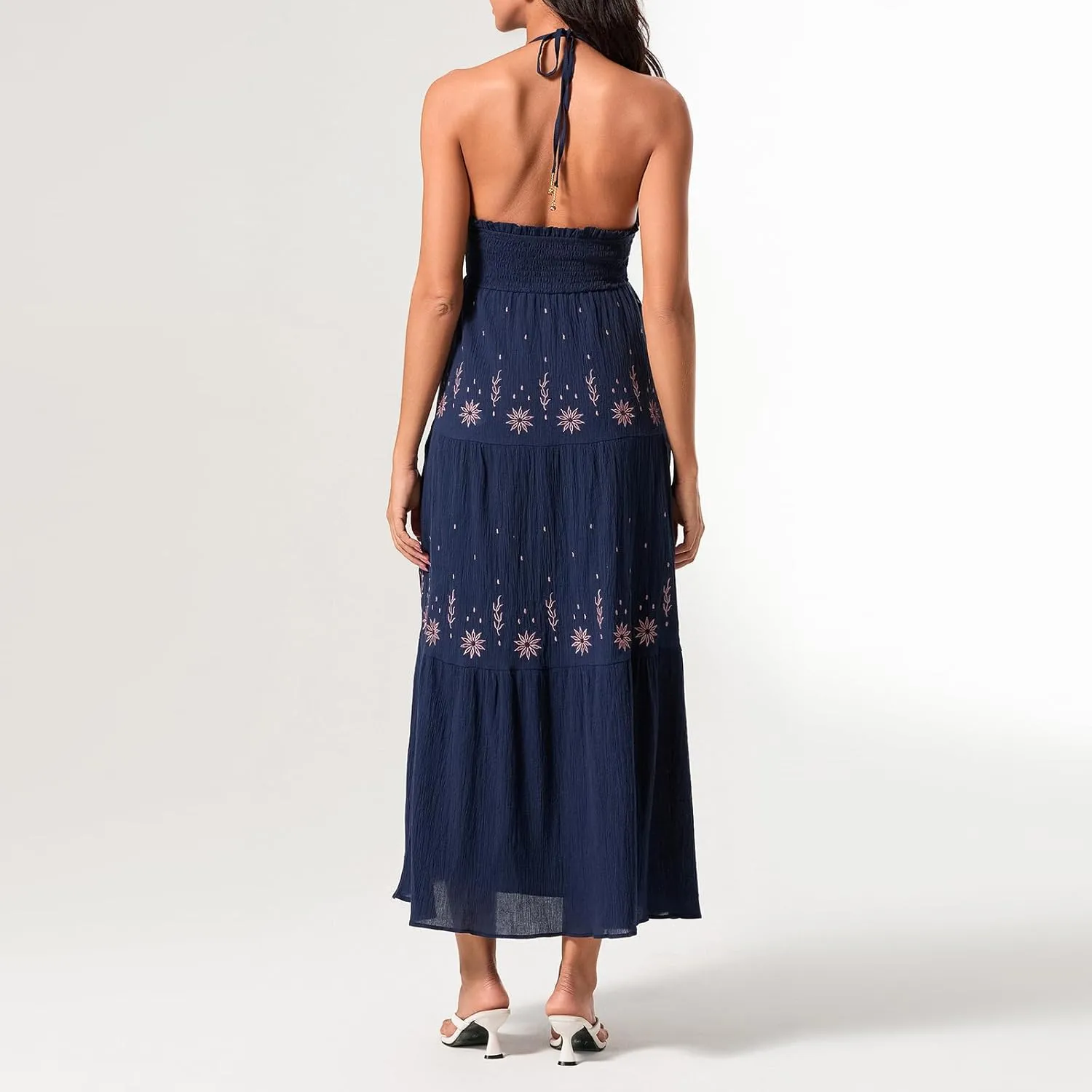 Women Summer Casual Long Dress Flower Embroidery Tie-Up Halter Neck Sleeveless Backless A-line Dress