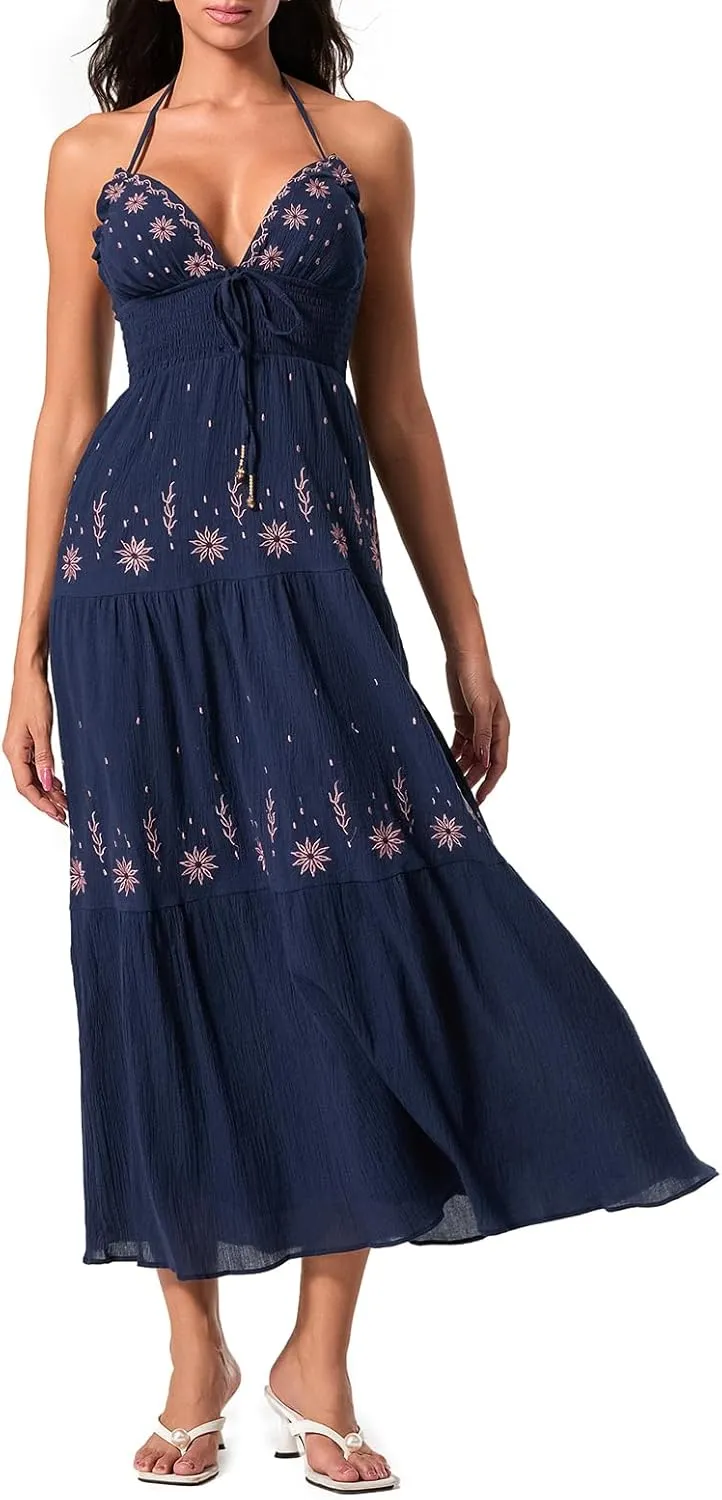 Women Summer Casual Long Dress Flower Embroidery Tie-Up Halter Neck Sleeveless Backless A-line Dress