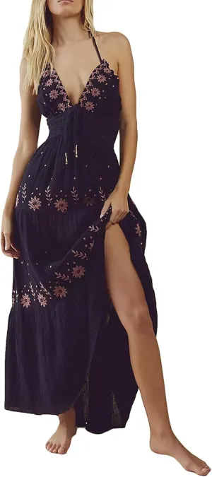 Women Summer Casual Long Dress Flower Embroidery Tie-Up Halter Neck Sleeveless Backless A-line Dress