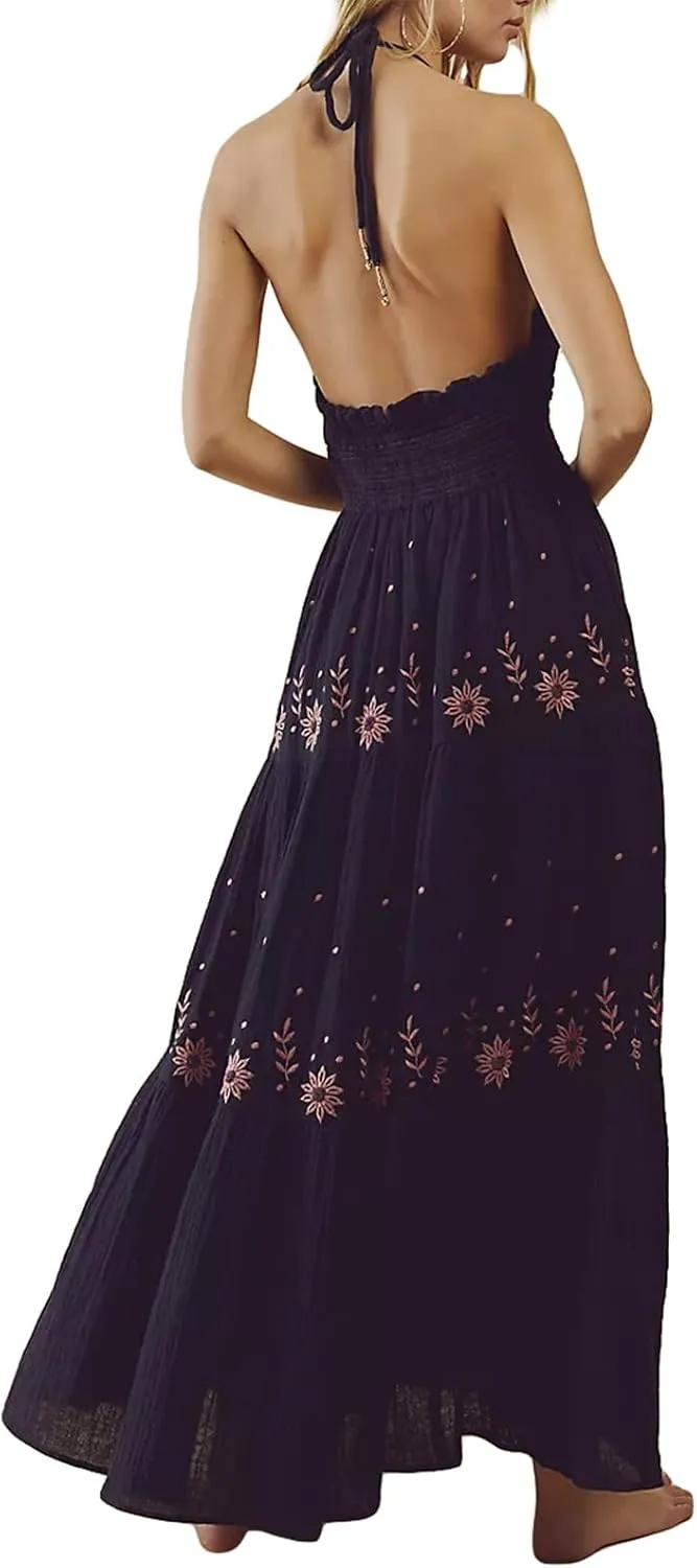 Women Summer Casual Long Dress Flower Embroidery Tie-Up Halter Neck Sleeveless Backless A-line Dress