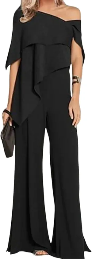 Women's 2025 Elegant Jumpsuits Off Shoulder Short Sleeves Casual Wide Leg Pants Romper Trendy Semi Formal Outfits
