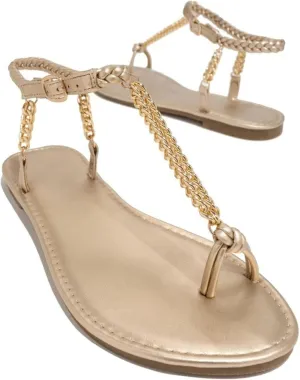 Women's Chain Leather Sandals Tassel Toe T-shaped Ankle Adjustable Hollow Beach Roman Style Flat Sandals