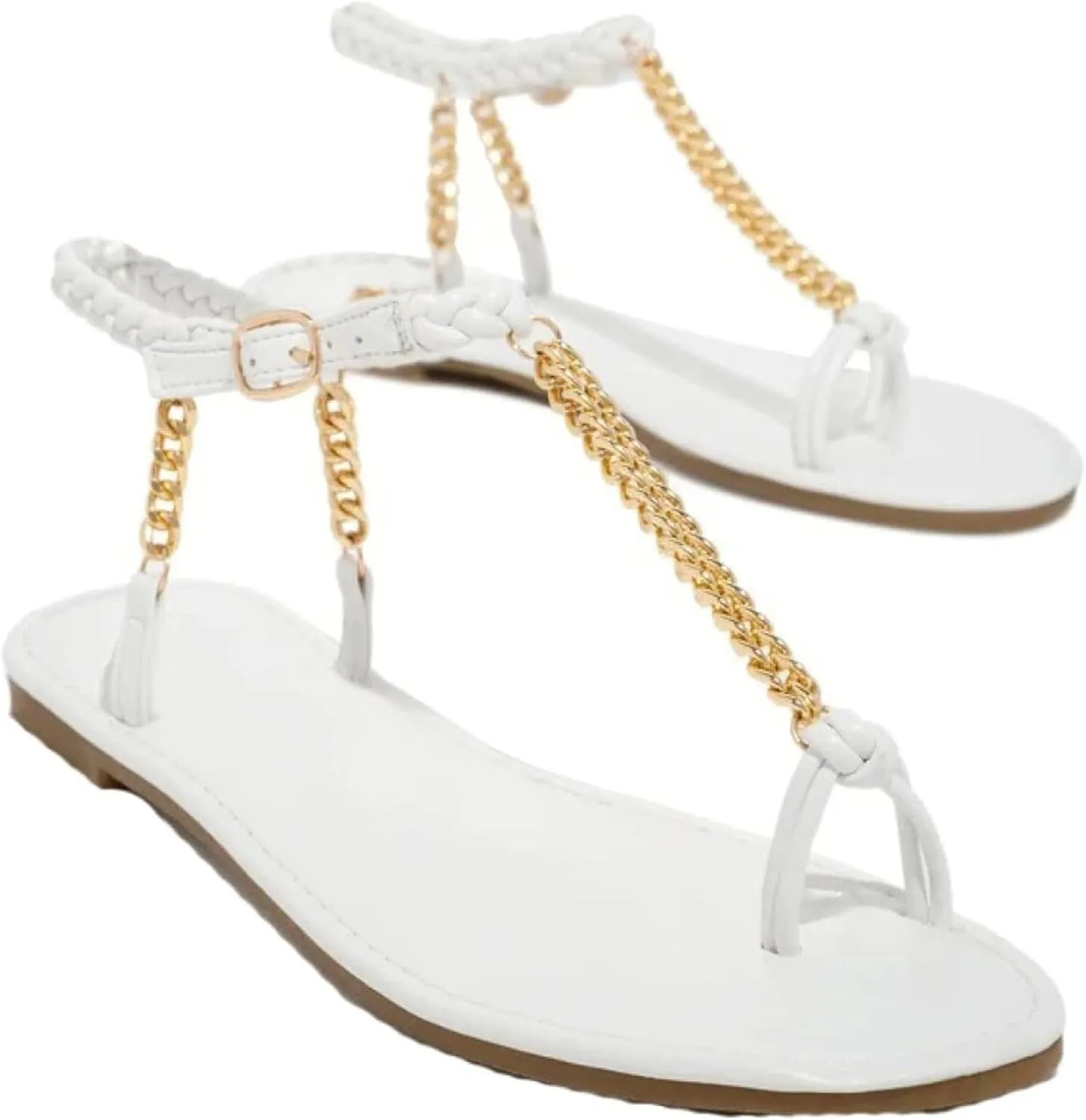 Women's Chain Leather Sandals Tassel Toe T-shaped Ankle Adjustable Hollow Beach Roman Style Flat Sandals