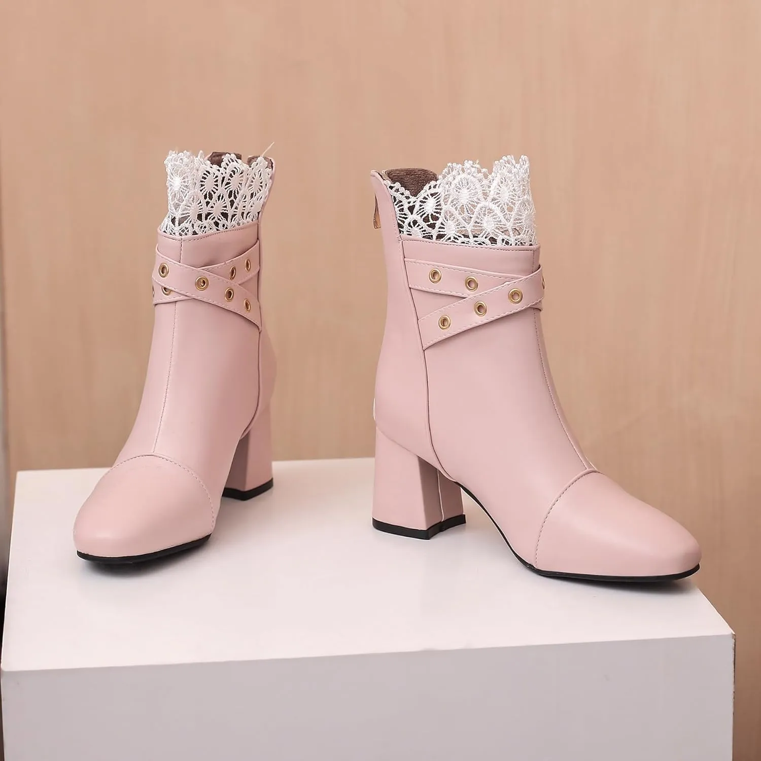 Women's Chunky Heel Ankle Boots, Mid Block Heel Booties, Square Toe Heeled Short Boots