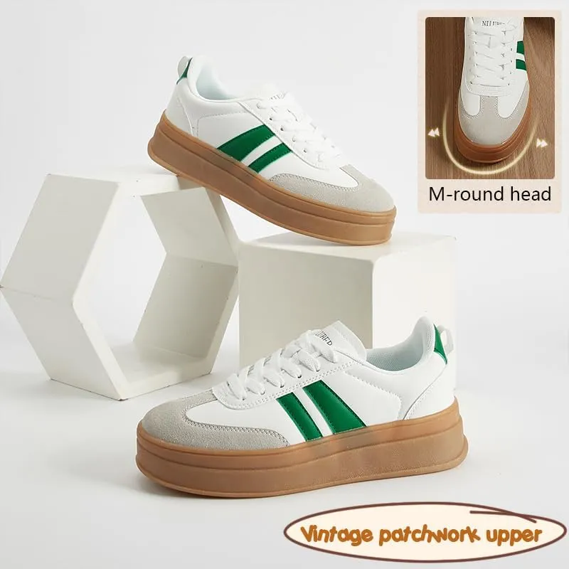 Women's Chunky Platform Sneakers - Retro Vintage Leather Casual Tennis Shoes- Thick Rubber Gum Sole Low Top Lace-Up Classic Walking Shoes