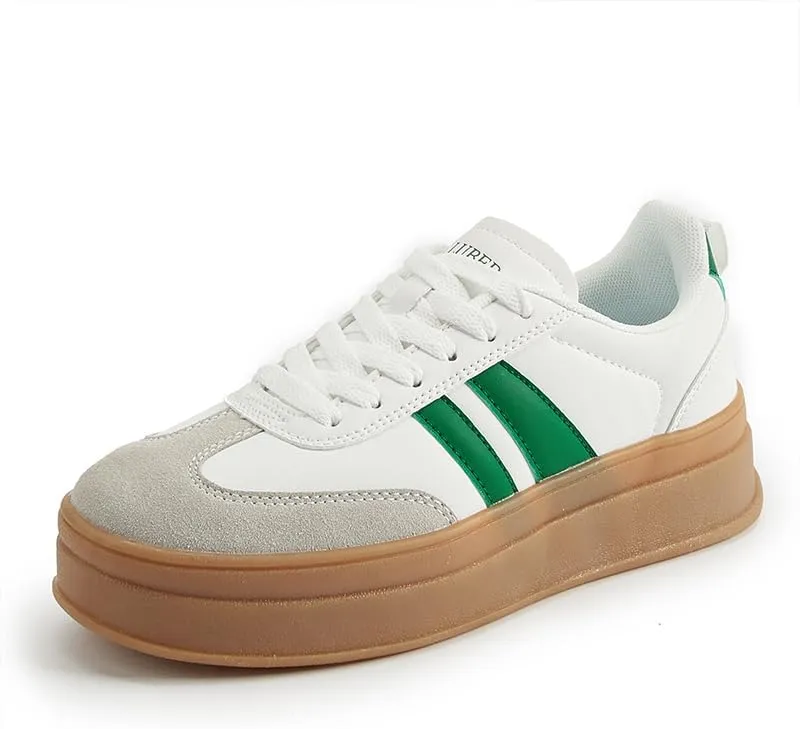 Women's Chunky Platform Sneakers - Retro Vintage Leather Casual Tennis Shoes- Thick Rubber Gum Sole Low Top Lace-Up Classic Walking Shoes