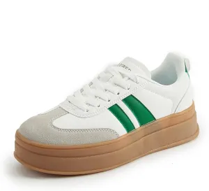 Women's Chunky Platform Sneakers - Retro Vintage Leather Casual Tennis Shoes- Thick Rubber Gum Sole Low Top Lace-Up Classic Walking Shoes