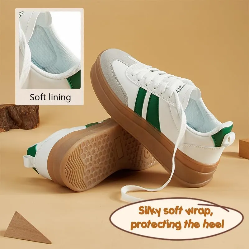 Women's Chunky Platform Sneakers - Retro Vintage Leather Casual Tennis Shoes- Thick Rubber Gum Sole Low Top Lace-Up Classic Walking Shoes