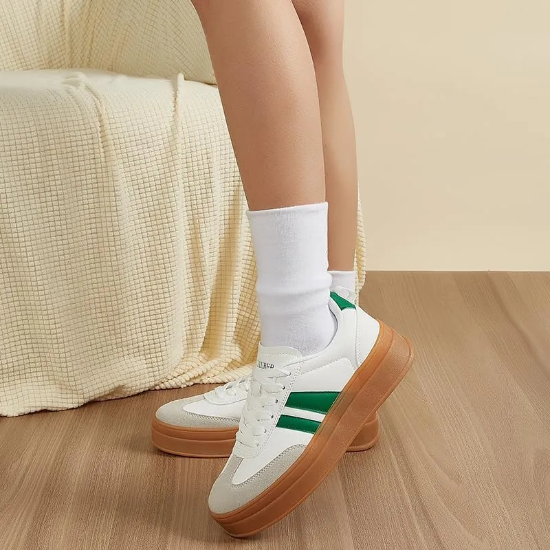 Women's Chunky Platform Sneakers - Retro Vintage Leather Casual Tennis Shoes- Thick Rubber Gum Sole Low Top Lace-Up Classic Walking Shoes