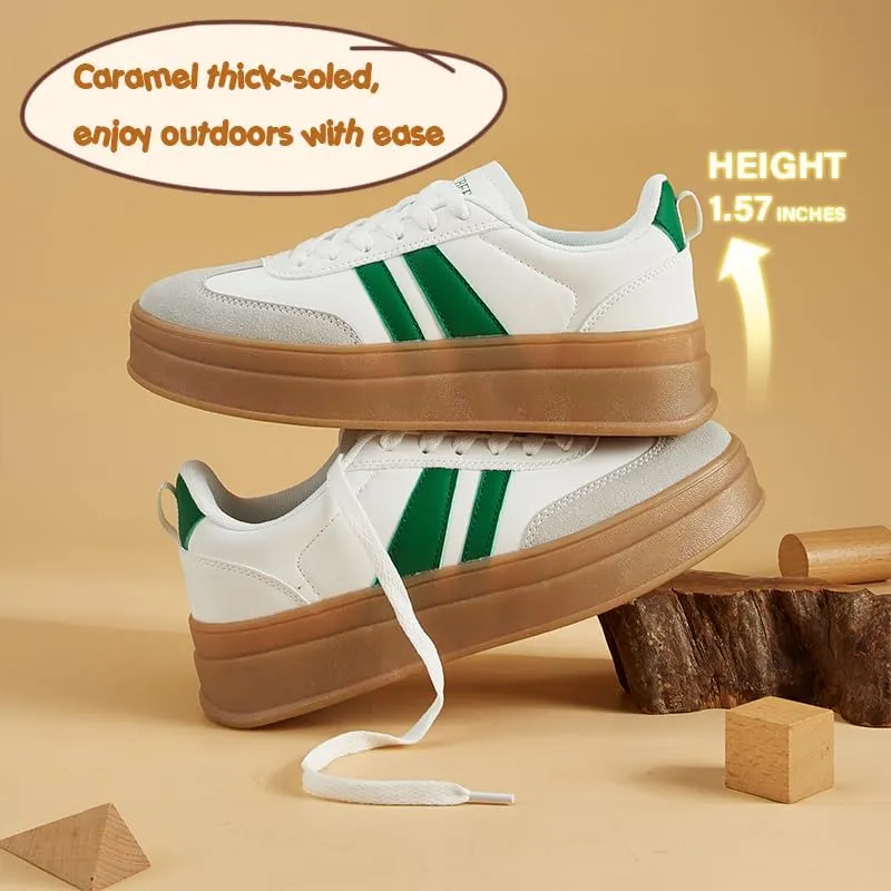 Women's Chunky Platform Sneakers - Retro Vintage Leather Casual Tennis Shoes- Thick Rubber Gum Sole Low Top Lace-Up Classic Walking Shoes