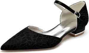 Womens Closed Pointed Toe Low Heels Flat Bridal Shoes for Wedding Lace Dress Shoes for Bride Low Block Heel Flats Pumps Bridesmaids