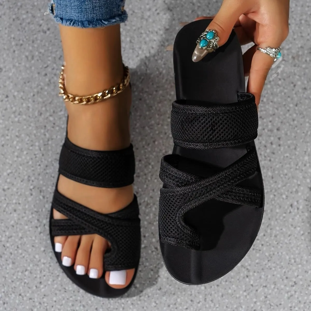Women's Comfortable Breathable Mesh Flip Flops, Summer Casual Women's Hollow Mesh Slide Sandals, Breathable Mesh Slide Slippers with Loop Toe