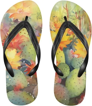 Womens Flip Flop Sandals Casual Summer Sandal, Mens Flip Flops for Beach Outdoor-Watercolor Cactus Print