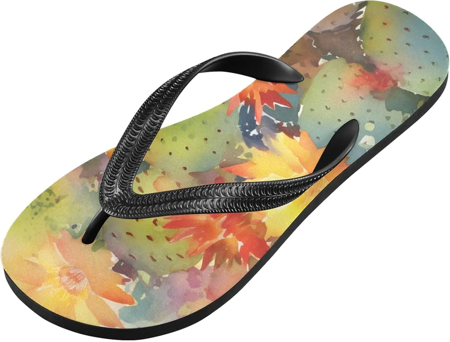 Womens Flip Flop Sandals Casual Summer Sandal, Mens Flip Flops for Beach Outdoor-Watercolor Cactus Print