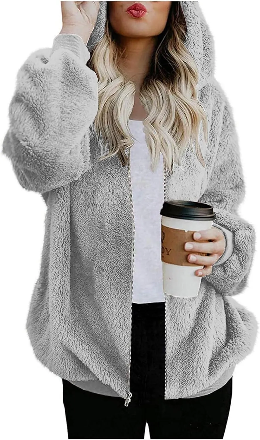 Womens Fuzzy Sherpa Fleece Jacket Zip Up Hooded Oversized Winter Warm Coats Casual Outwear Fall Transitional Fashion