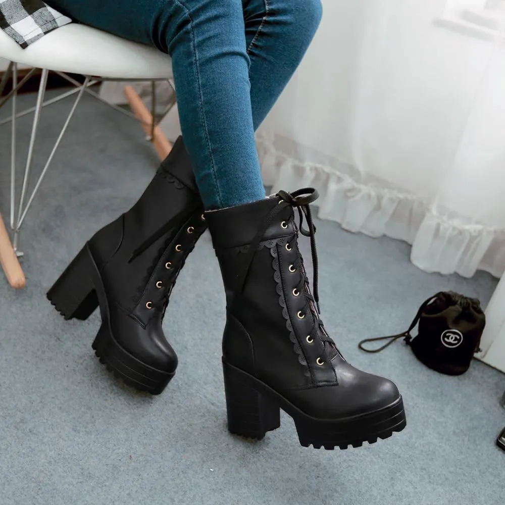 Women's Kawaii Cute Platform Boots, Lolita Dress Lace up Booties, Chunky Block Ankle Boots