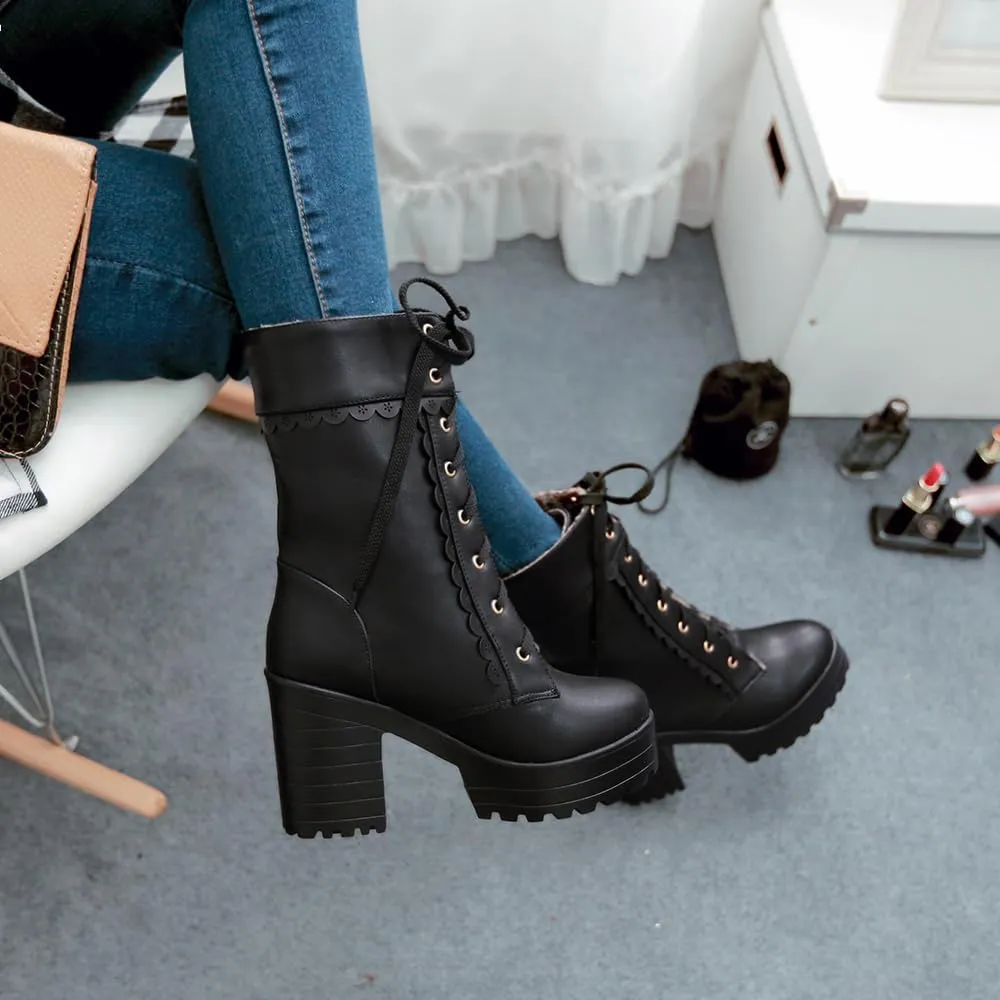 Women's Kawaii Cute Platform Boots, Lolita Dress Lace up Booties, Chunky Block Ankle Boots