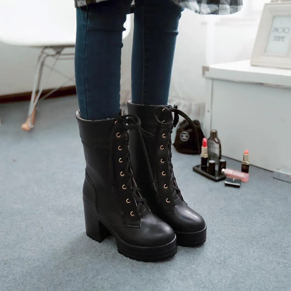 Women's Kawaii Cute Platform Boots, Lolita Dress Lace up Booties, Chunky Block Ankle Boots