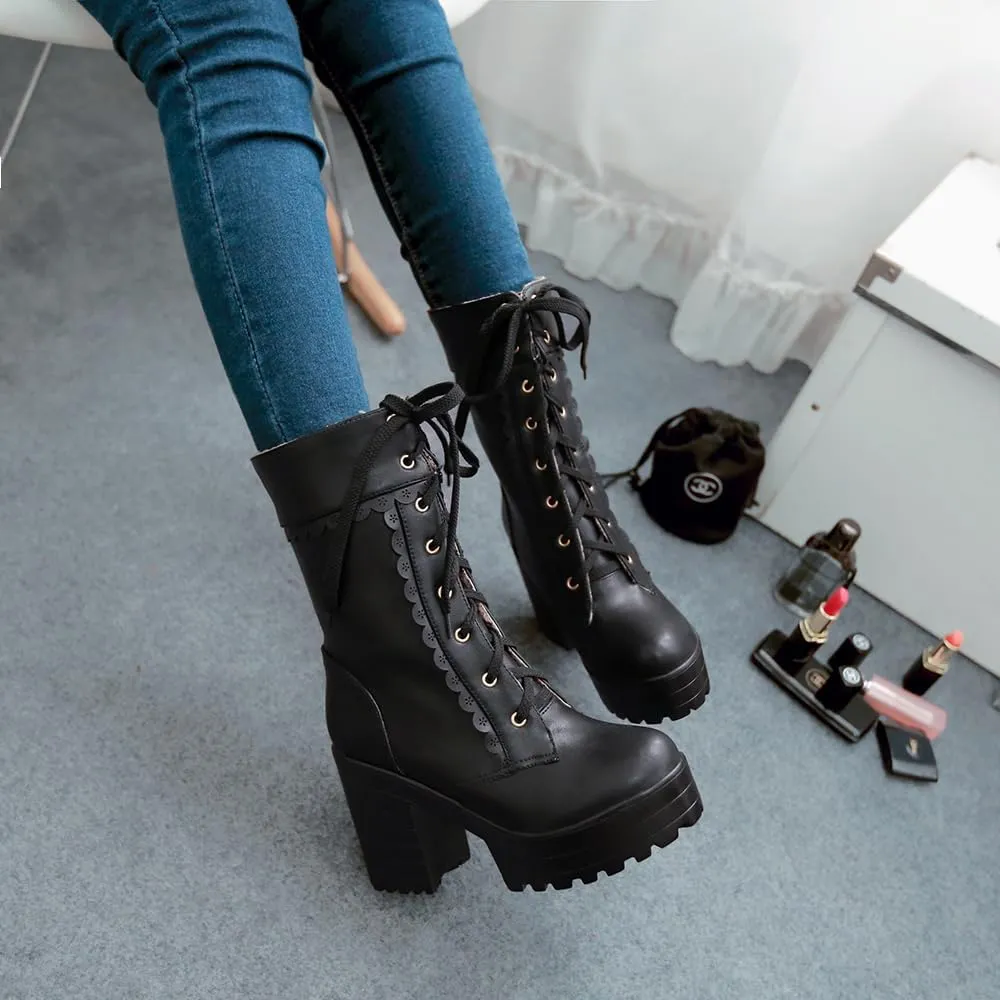 Women's Kawaii Cute Platform Boots, Lolita Dress Lace up Booties, Chunky Block Ankle Boots