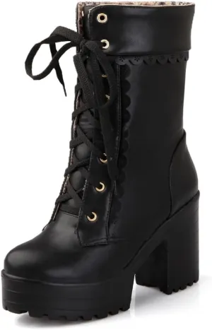 Women's Kawaii Cute Platform Boots, Lolita Dress Lace up Booties, Chunky Block Ankle Boots