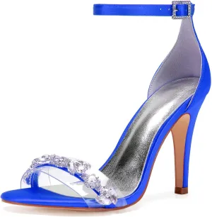 Women's Open Toe Rhinestone Kitten Heel Sandals Ankle Strap Satin High Heels | 4.13" Heel Height | Perfect for Evening Parties & Dressy