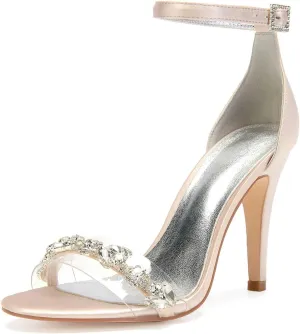 Women's Open Toe Rhinestone Kitten Heel Sandals Ankle Strap Satin High Heels | 4.13" Heel Height | Perfect for Evening Parties & Dressy