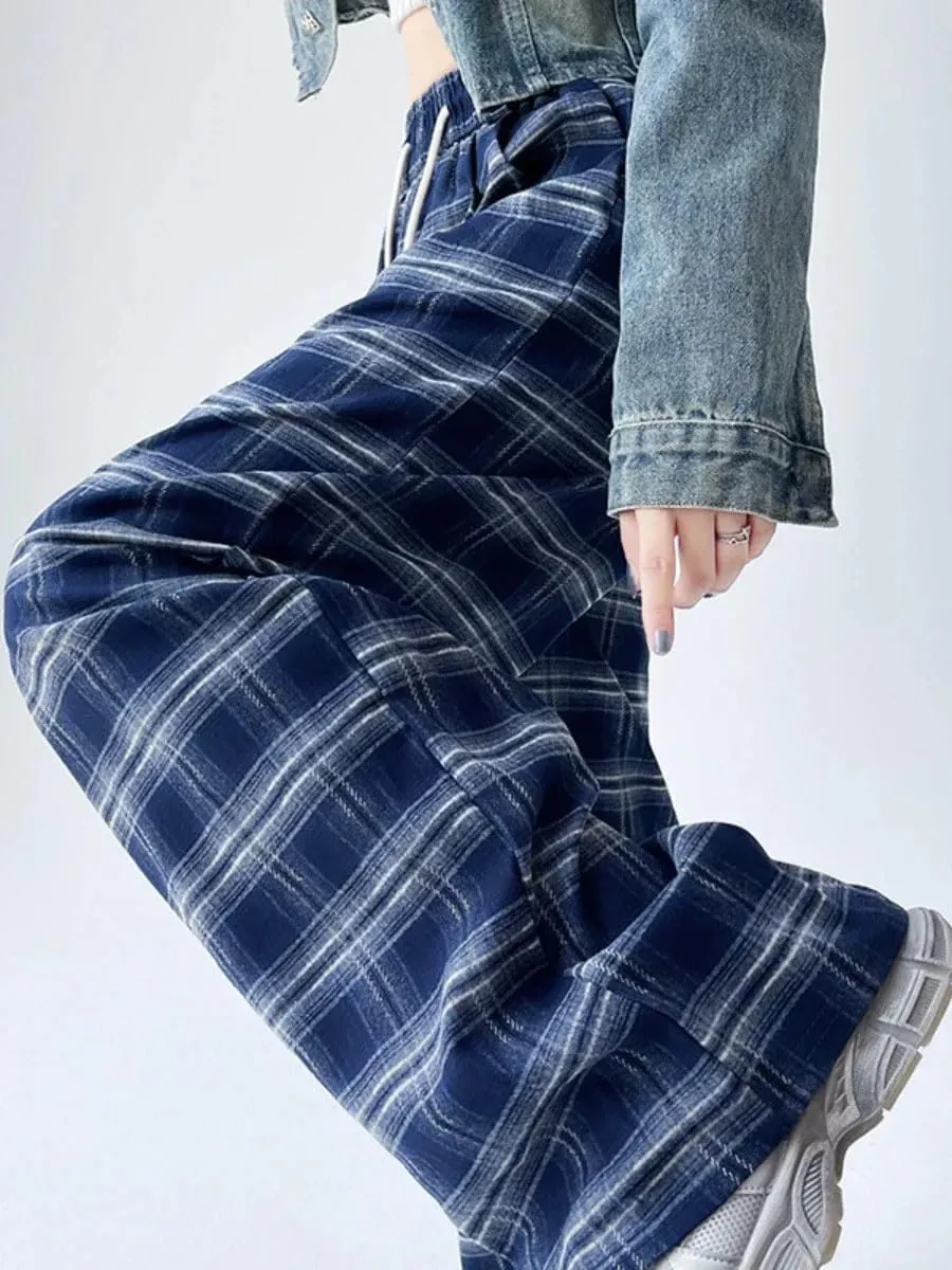 Women's Retro Plaid Loose Casual Wide Leg Trousers Slimming Floor Checkered Pants