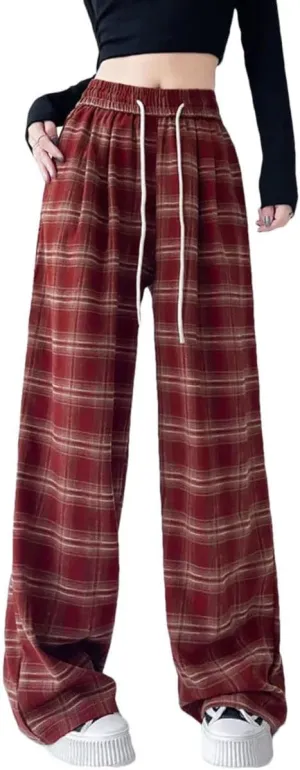 Women's Retro Plaid Loose Casual Wide Leg Trousers Slimming Floor Checkered Pants