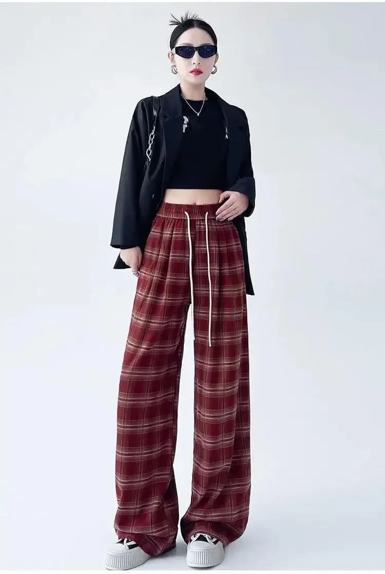 Women's Retro Plaid Loose Casual Wide Leg Trousers Slimming Floor Checkered Pants